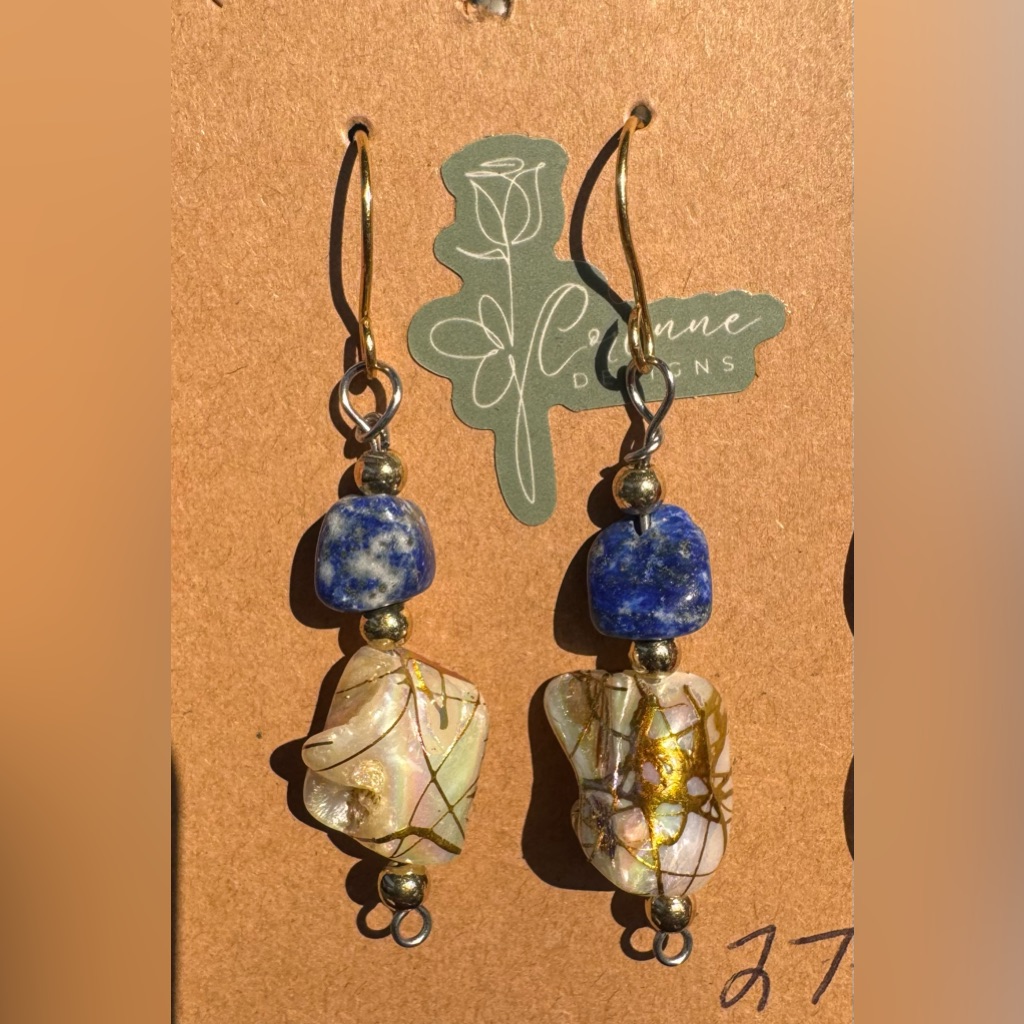 Blue And Gold Bohemian Earrings With Natural Stone Accents